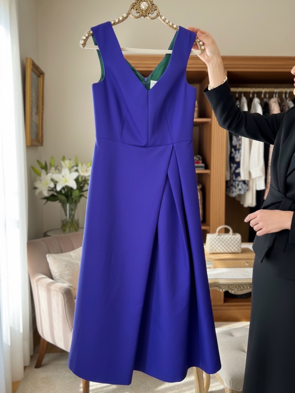 NWOT! Exquise Sleeveless V-Neck Royal Purple Midi Dress with Green Interior